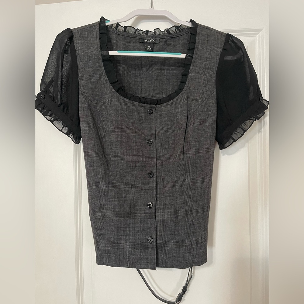 Dressy gray and black top with belted waist